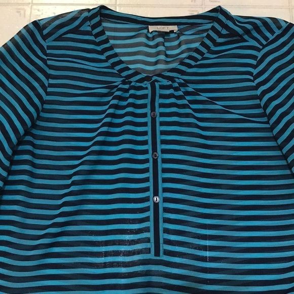 LOFT Teal & Navy Striped Half Button Sheer Blouse - Picture 4 of 6